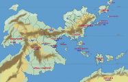 The first-ever map of Peilaš and surrounding areas, labelled with original Relay participants. Drawn by Radius; modifications by Zompist (2005). Coastlines are not up to date.