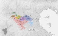 A linguistic map of the Dāiadak languages (i.e. direct descendants of Adāta), c. 1200 YP. Labels in the local languages. Base map by a pocketful of songs, data by Cedh. Valid.