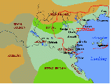 Map of Huyfárah and the Aiwa valley c. 130 YP. Labels in Fáralo. Base map by Radius; borders and names by Zompist. Valid.