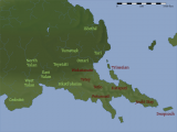 A linguistic map of southeastern Tuysáfa around 0 YP, showing the distribution of Dumic and T1 languages. Base map by thedukeofnuke, data by Cedh. Valid.