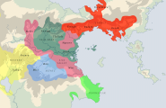 Language families in Ndak times (c. -1900 YP). Map by Cedh. Valid.