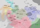 A dialectal map of the Empire of Athalē, showing dialect areas of Adāta c. 800 YP. Labels in Classical Adāta. Base map by Radius, data by Cedh. Valid.