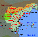 The provinces of Classical Huyfárah c. 130 YP. Labels in Fáralo. Base map by Radius; borders and names by Zompist. Valid.